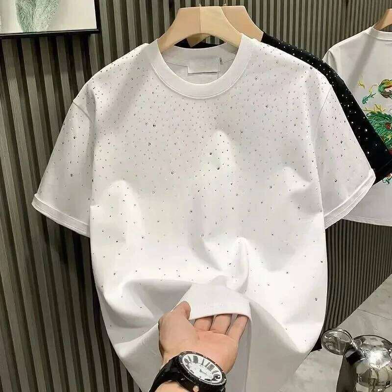 Men Clothing Summer Rhinestone Rivet Round Neck Casual T-shirt Korean Version Men's Short Sleeves Tee 26H0312