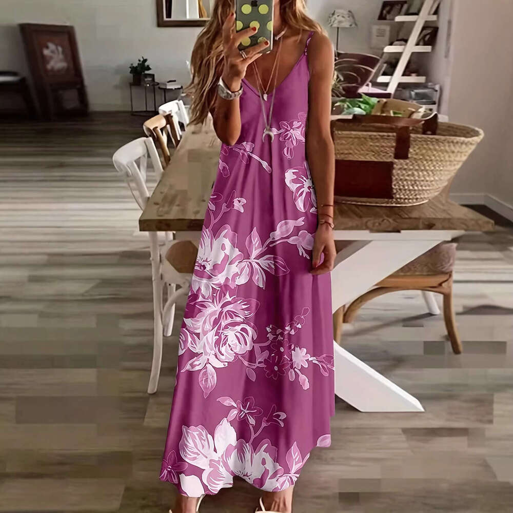 Cross-border European and American 3D digital print ocean-themed floral feather high-end women's pullover V-neck strap dress