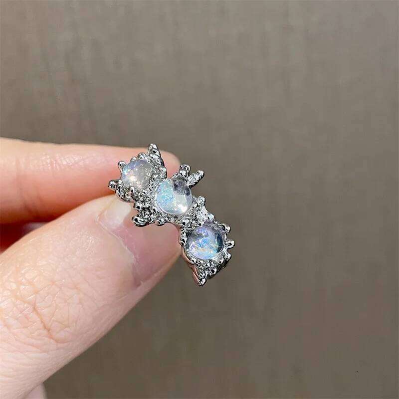 Pink Crystal Irregular for Women Creative Blue Opal Heart Open Shiny Geometric Zircon Ring Vintage Y2K Jewely H260312