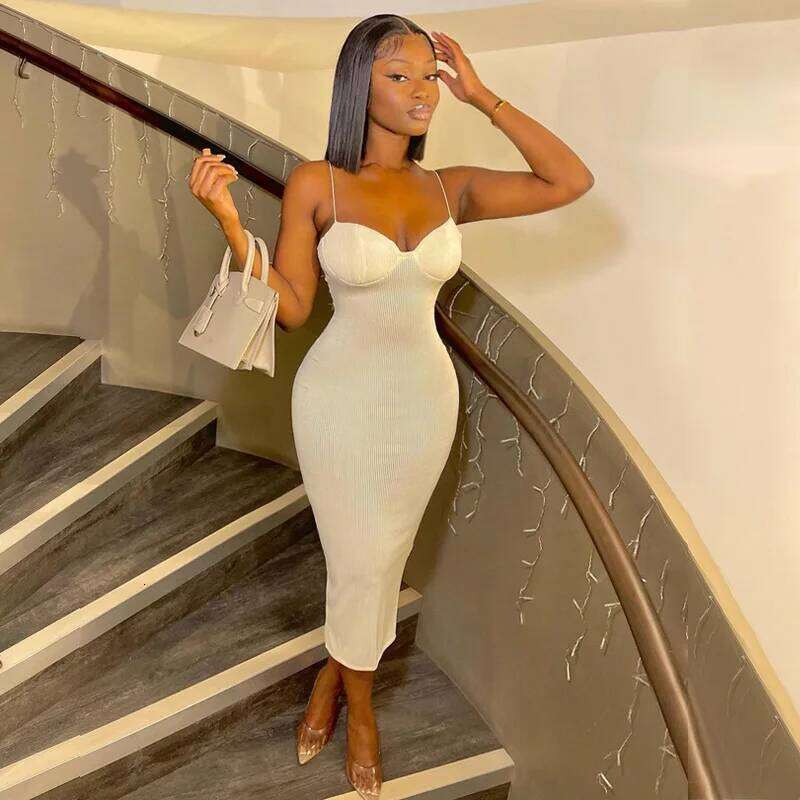 2023 Backless Solid Sleeveless Revealing Midi Strips Dress Spring Bodycon Sexy Streetwear Party Club Outfits Y2K C260311