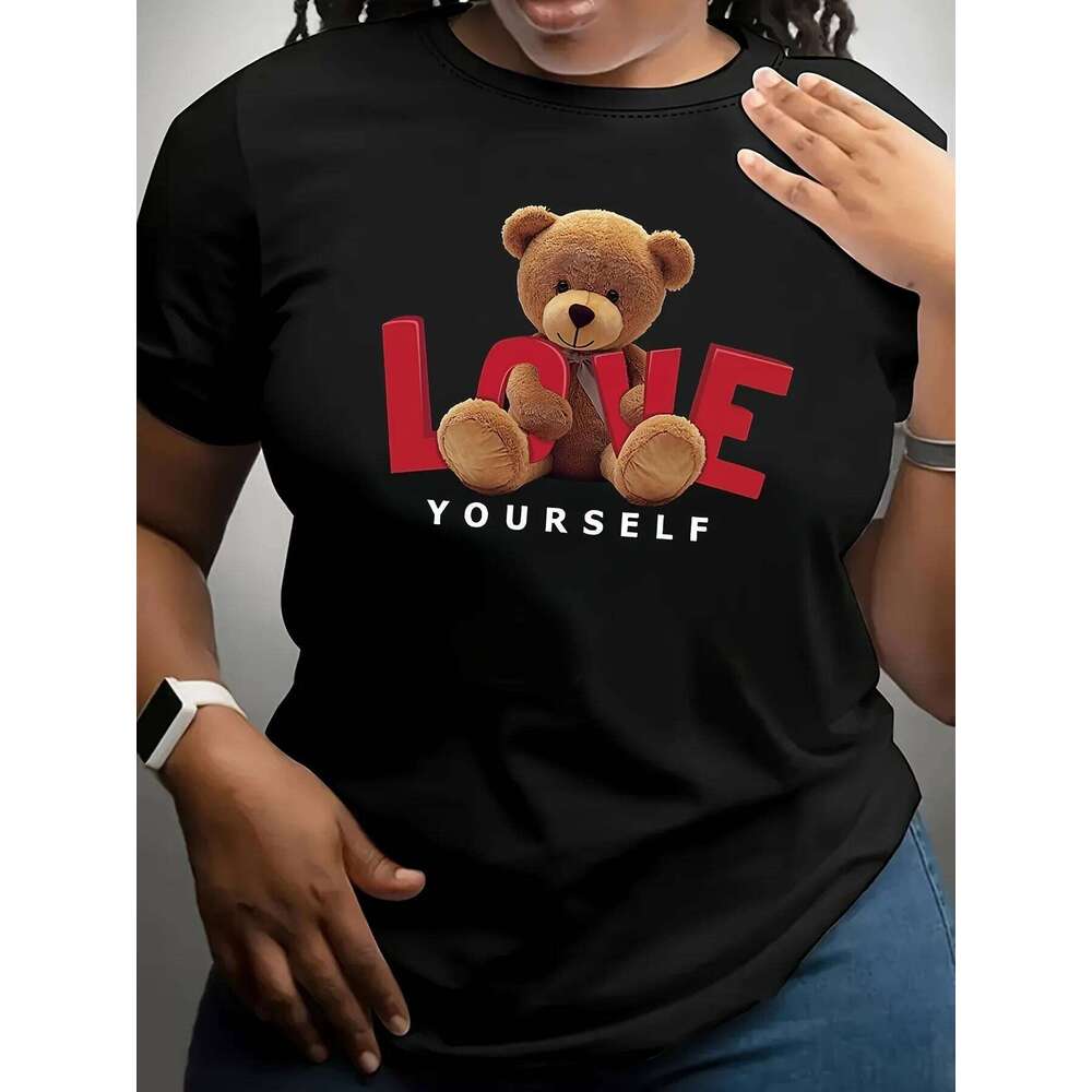Trendy Adorable Bear and Love Designsprinted with Round Neck for Summer Women's Short Sleeve Tops Fashion Clothing Z260312