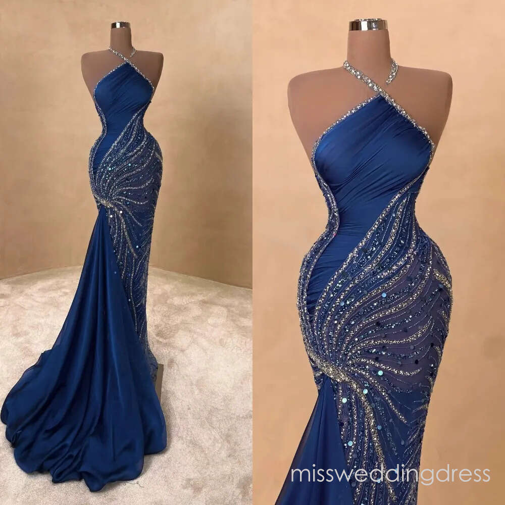 Stylish Halter Evening Dresses Sequins Beading Prom Dress Sleeveless Customized Mermaid Illusion Party Gowns Vestidos De Noche Plus Size