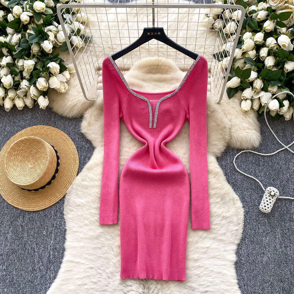 Goddess style elegant high-end heavy rhinestone a23 decoration square neck long sleeved knitted dress slim fit waist exquisite