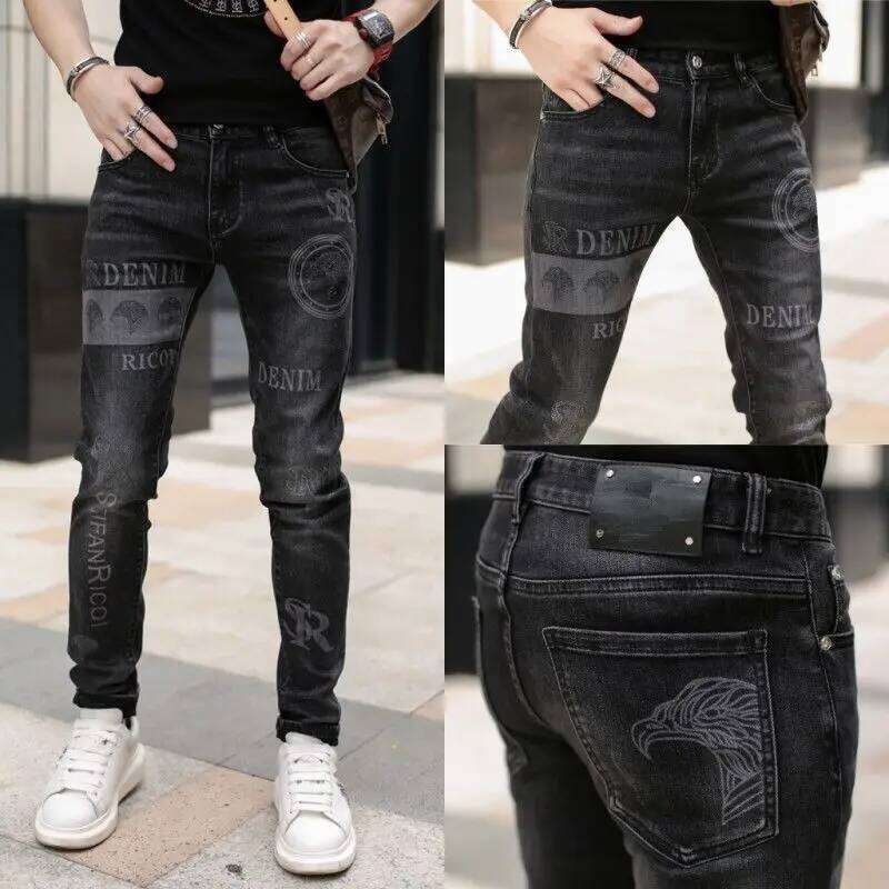 End Stylish Classic Distinctive Printed Black Jeans for Men High Quality Slim Fit Stretch Luxury Denim Pants 26Y0312
