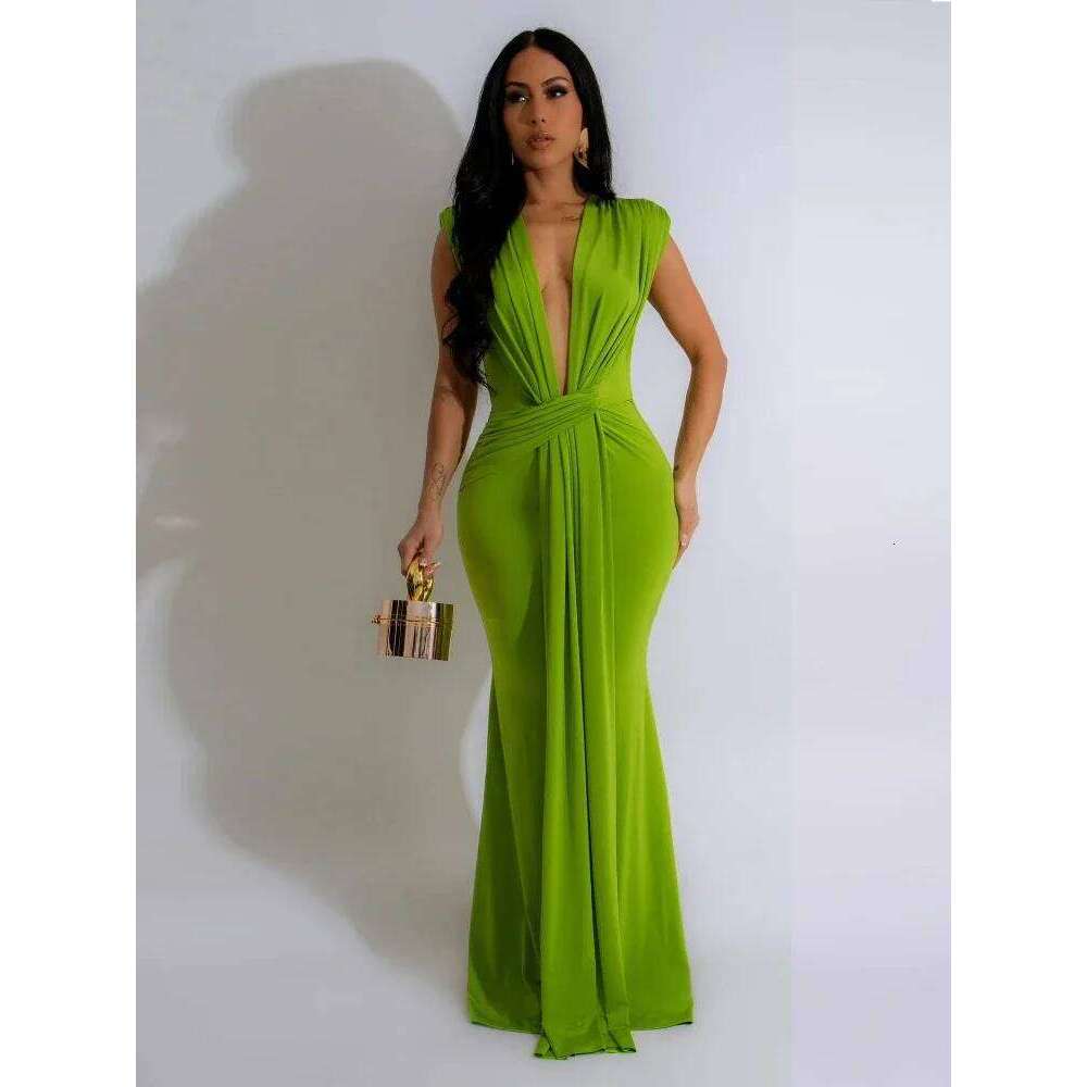 Elegant Ruched Bodycon Maxi Dresses for Women Birthday Night Party Evening Prom Deep V-neck Sheath Celebrity Formal Long Dress C260312