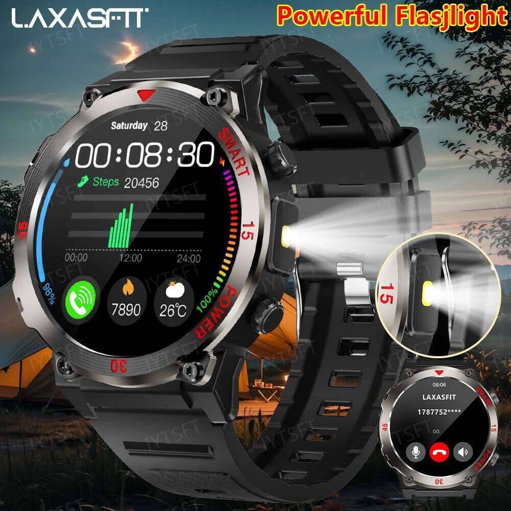 LAXASFIT New Military Men 360*360 HD Screen Fitness Watch LED Flashlight Sports Smartwatch for Android iOS
