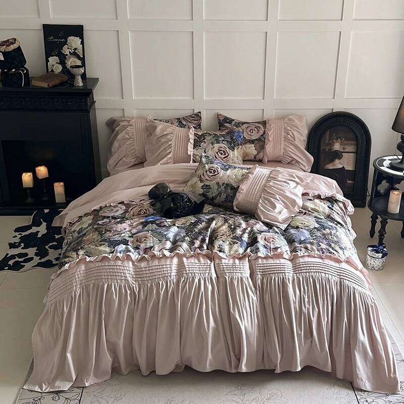 Vintage Rose Oil Painting Style Ruffles Egyptian Cotton Bedding Set Duvet Cover Bed Sheet/Bed Skirt/Fitted Sheet Pillowcase 4Pcs H260312