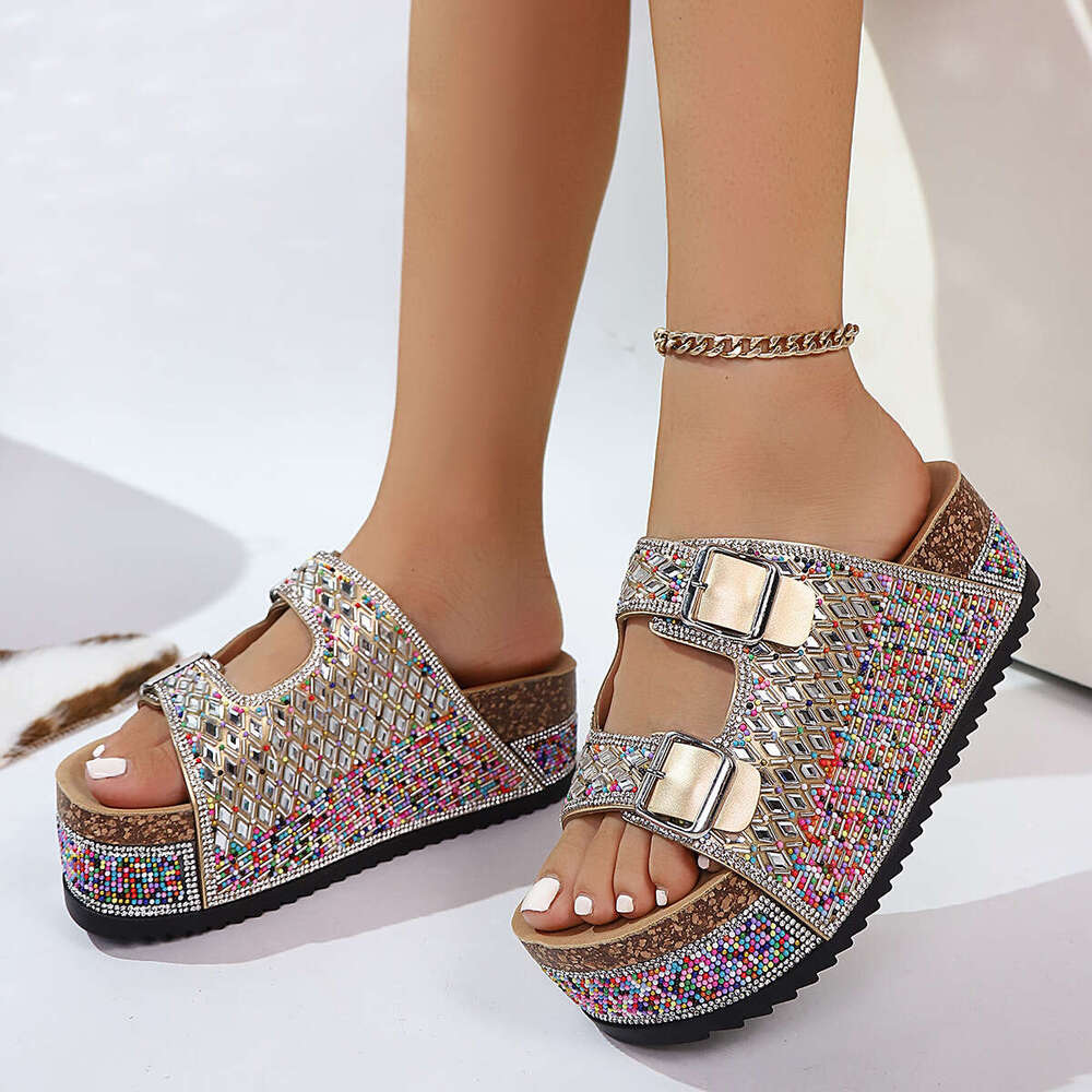 Summer New Rhinestone Beach Sandals for Women 2026, Large Size Double Buckle Cork Thick Sole Slide Sandals