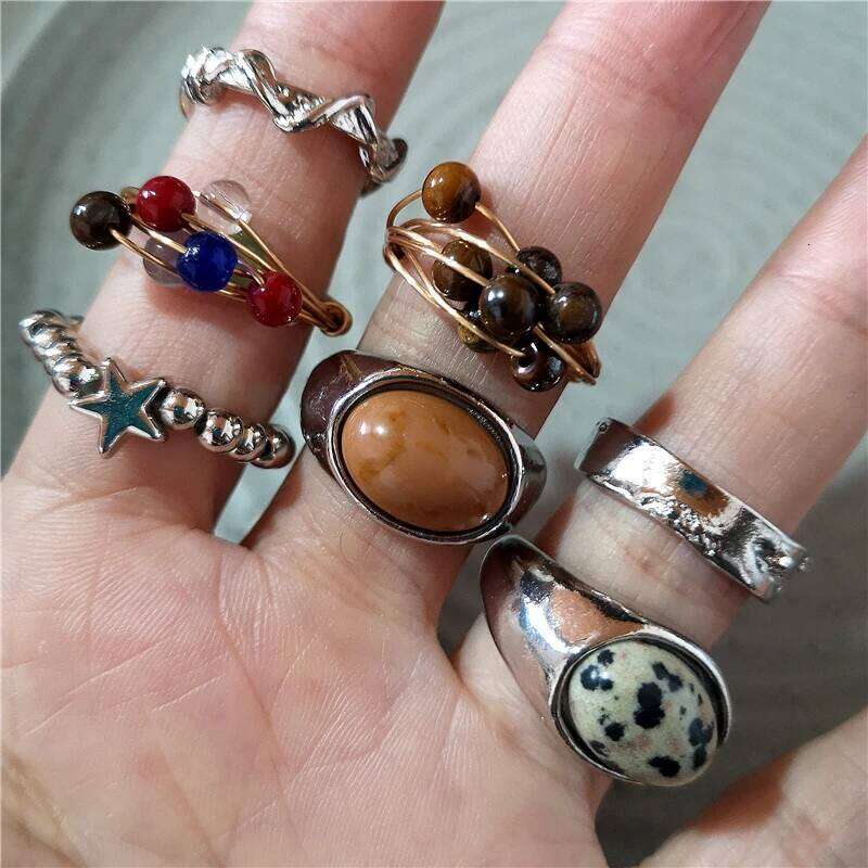 New Fashion Vintage Brown Spotted Tiger Eye Stone Rings For Women Silver Color Irregular Round Open Ring Aesthetic Jewelry Gift H260312