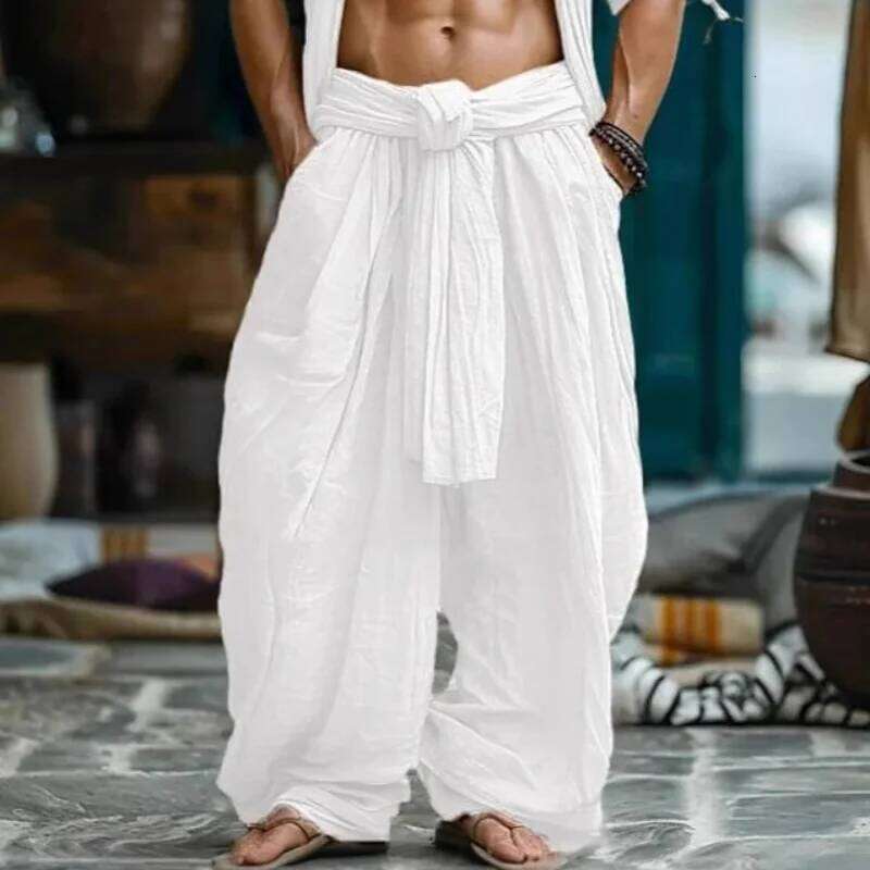Ethnic Style Casual Cotton Linen Wide Leg Spring Summer New Men's Solid Color Lace-up Baggy Pants Vintage Streetwear Male