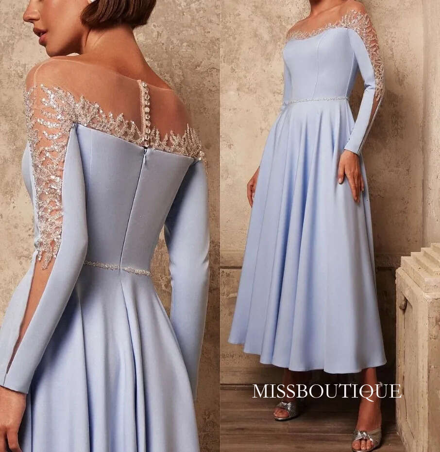 Elegant Satin Evening A Line Sequined Lace Long Sleeves Mother Of The Bride Dresses Plus Size Formal Birthday Party Celebration Ball Gowns J06 B0312
