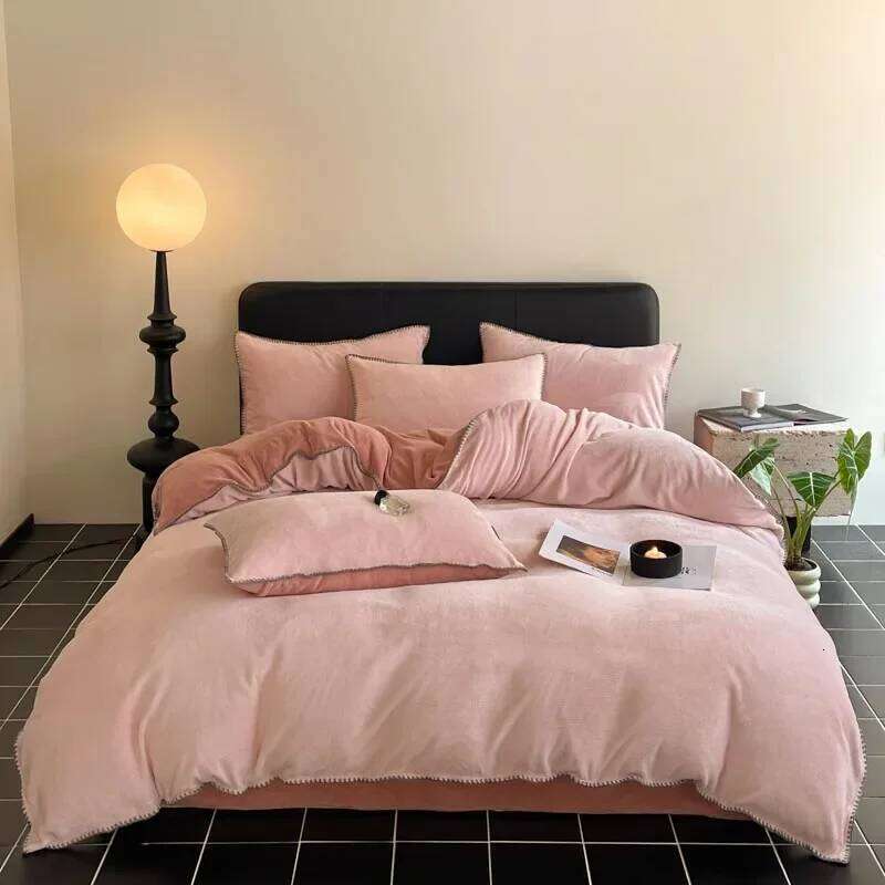2024 new matte thin strip shell edge winter four-piece set milk coral fleece thickened warm bed sheet quilt cover H260312