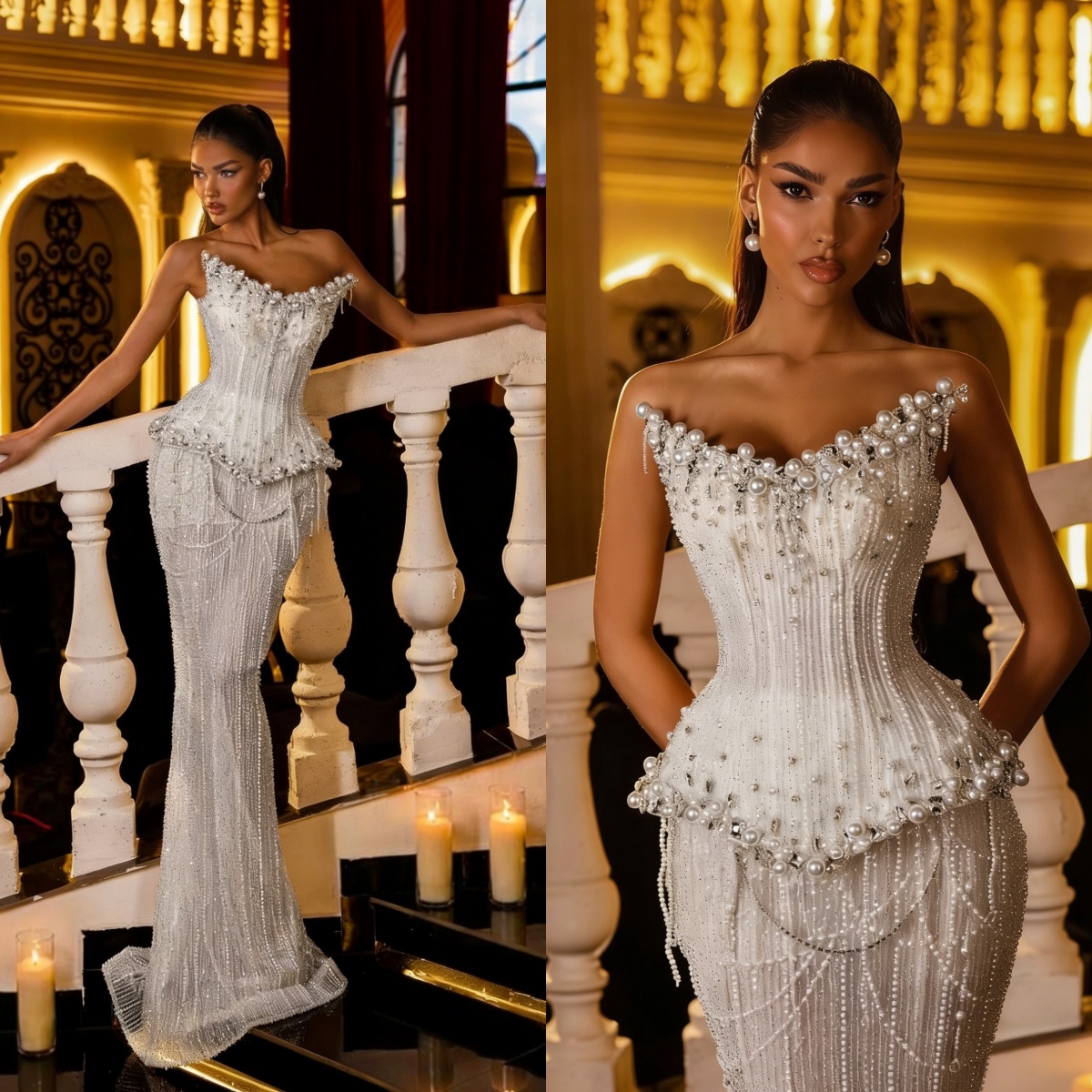 Exquisite Mermaid Wedding Dress Strapless Sleeveless Bridal Gowns Pearls Crystal Beading Sweep Train Dresses Custom Made vestidos