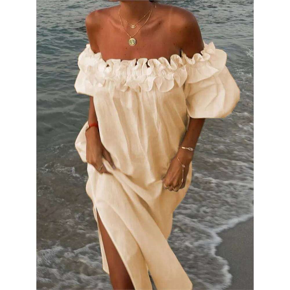 Sexy Slash Neck White Women Dress Fashion Elegant Beach Party Holiday Casual Dresses New Female Ruffles Lantern Sleeve Vestidos C260311