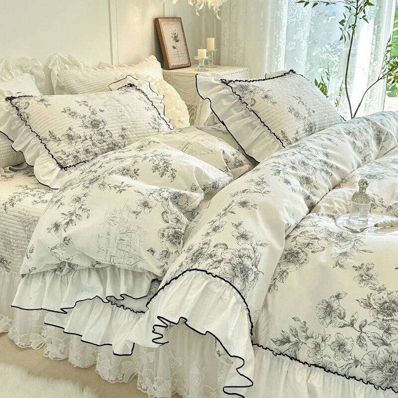 AI WINSURE-Romantic Cotton Duvet Cover Set, Double Bed, Lace Ruffle Bedspread, with 2 Pillowcases, Printed 4-Piece Set H260312