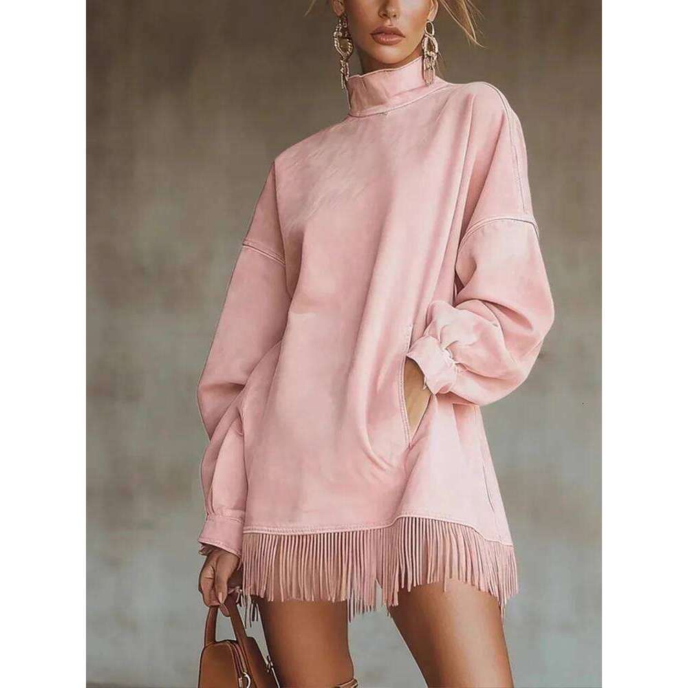 Fashion High Collar Velvet Pullovers Temperament Long Sleeve Loose A-line Elegant Solid Color Women's Commute Dress C260312