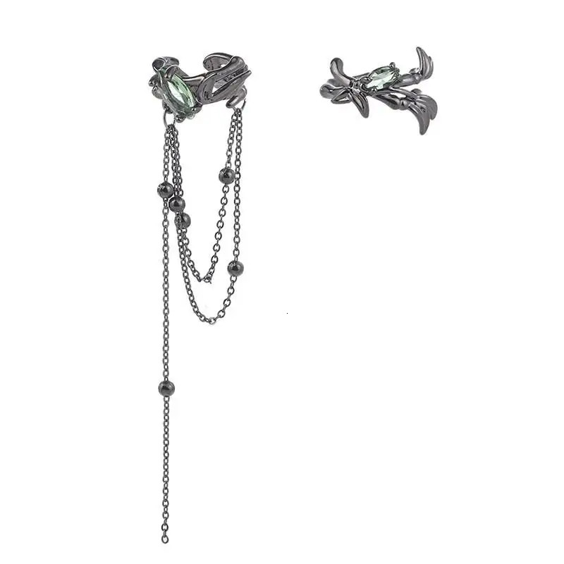 Irregular Black Thorn Tassel Earbone Clip Earrings for Women Piercing Asymmetric Green Zircon Chain Ear Jewelry 260309