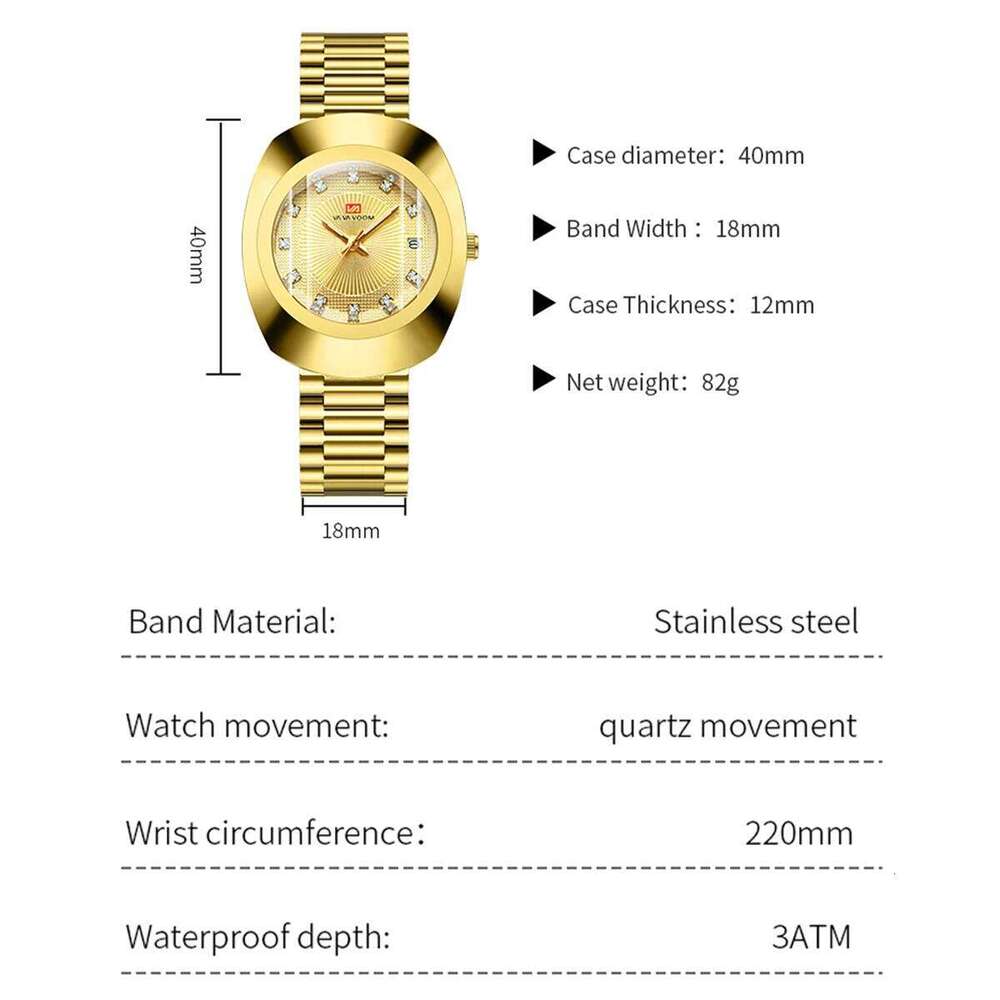 Top Brand Luxury Men's Watches Fashion Gold 40mm Diamond Dial 3Bar Waterproof Stainless Steel Original Quartz Wristwatch for Man