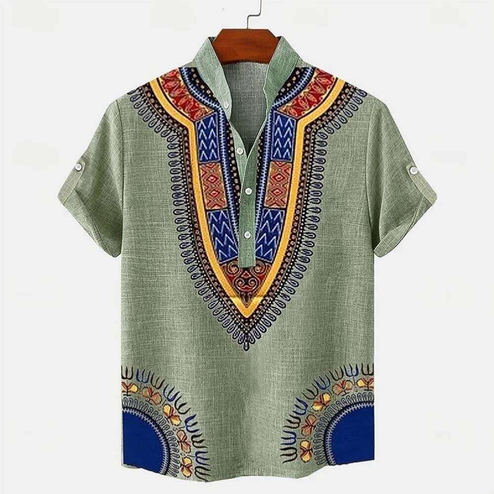 New retro men's linen short sleeved shirt with digital printing, fashionable trend, street outdoor, casual and comfortable