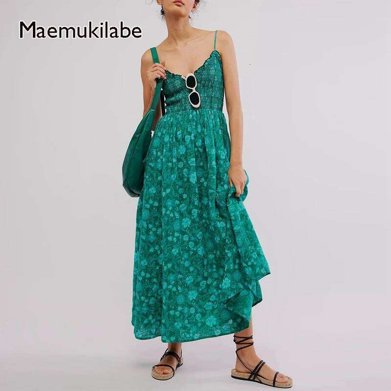 Maemukilabe Women Beach Style Holiday Maxi Floral Spaghetti Straps Backless Swing Summer Long Dress Cocktail Party C260312