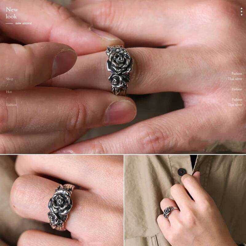 Buyee 925 Sterling Silver Couples rs Finger Rose Flower Open Ring for Women Men Fashion Gray Ethnic Fine Jewelry Circle H260312