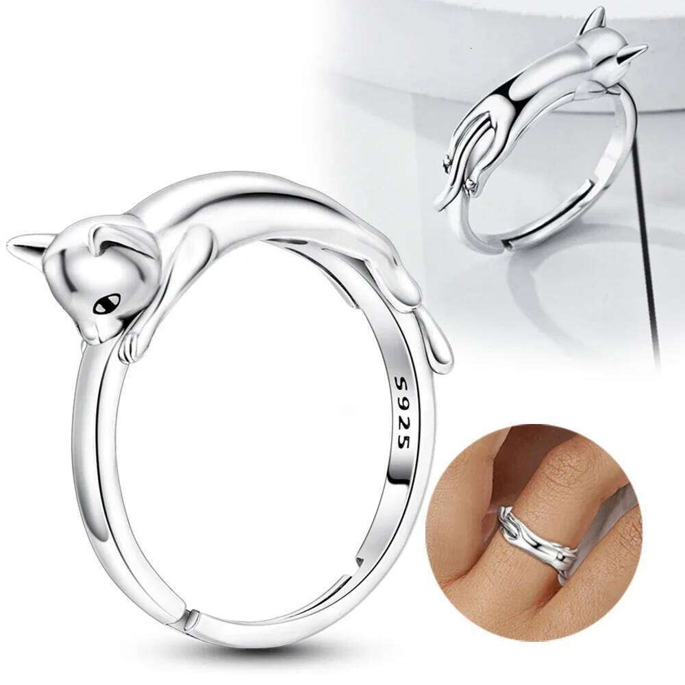 Real S925 Adorable Cat Pink Rings for Women Sterling Silver Ring Fine Jewelry Gift Teen Girl Valentines H260312