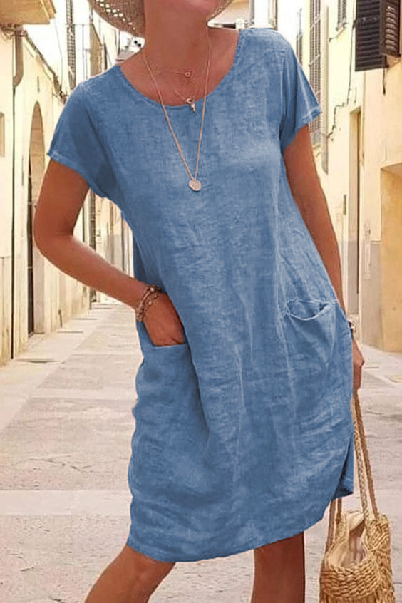 2023 New Summer Loose Solid Color Pocket Short Sleeve Round Neck Cotton Linen Dress for Women