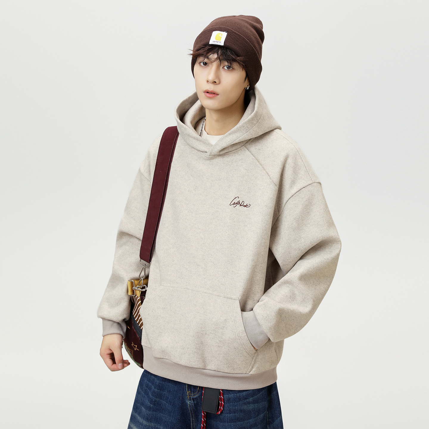 Heavyweight Textured Woolen Hooded Sweatshirt Designer Hoodie Autumn Style Split Structure Color-block Embroidery Trendy Loose Hoodie Jacket
