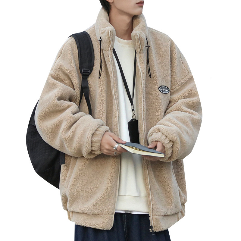 City Boy Cotton Jacket For Men Winter Fleece Lined Thickened Designer Hoodie Style Lamb Wool Coat Loose Trendy Stand Collar Cotton Jacket