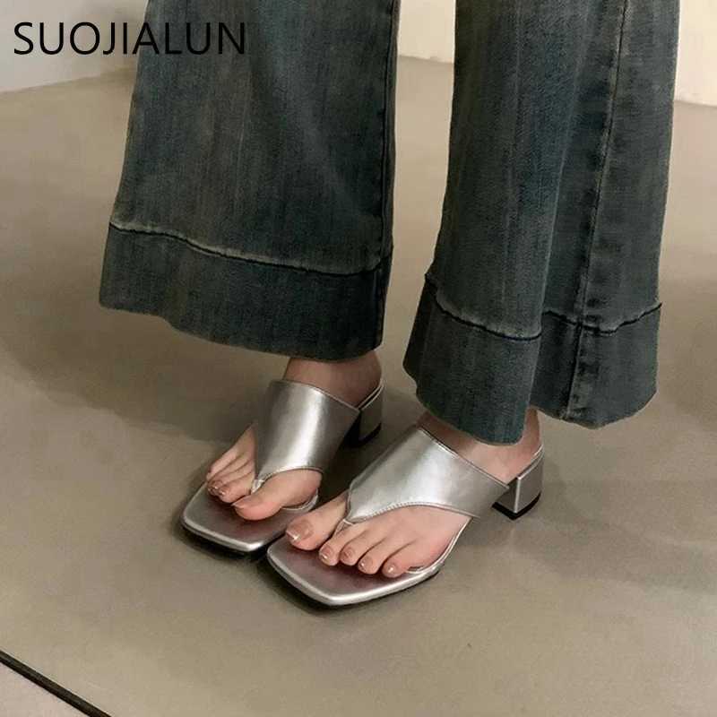 SUOJIALUN 2024 Summer New Women Slipper Fashion Med Square Heel Outdoor Slides Shoes Ladies Casual Vaction Flip Flops Sand K260312