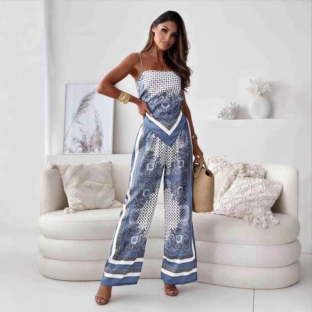 Trade European And American Women S Clothing Fashion Printed Sexy Strapless Tube Top Positioning Flower Long Pants Set