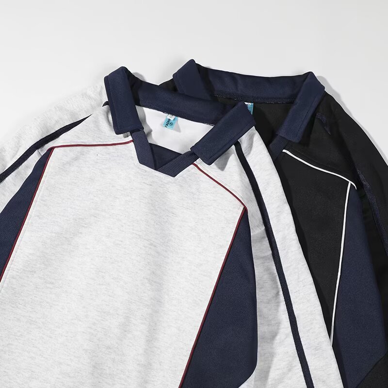 Retro Color-blocking Sports Style Long-sleeve T-shirt For Men Trendy Street Designer Hoodie Style Couple's Polo Collar Blank Sweatshirt