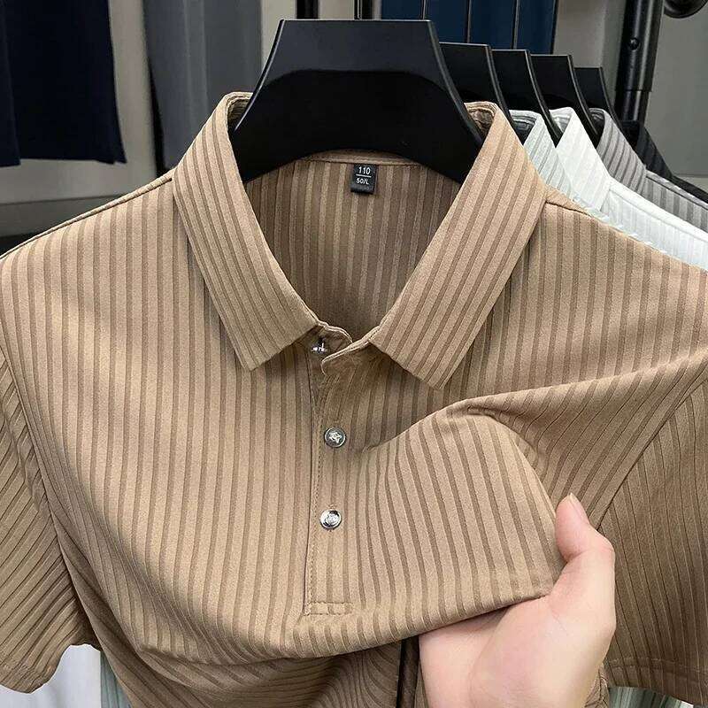 New Men's Casual Fashion Striped Short Sleeved Collar Polo Shirt Breathable and Comfortable Summer Versatile T-shirt 26H0312