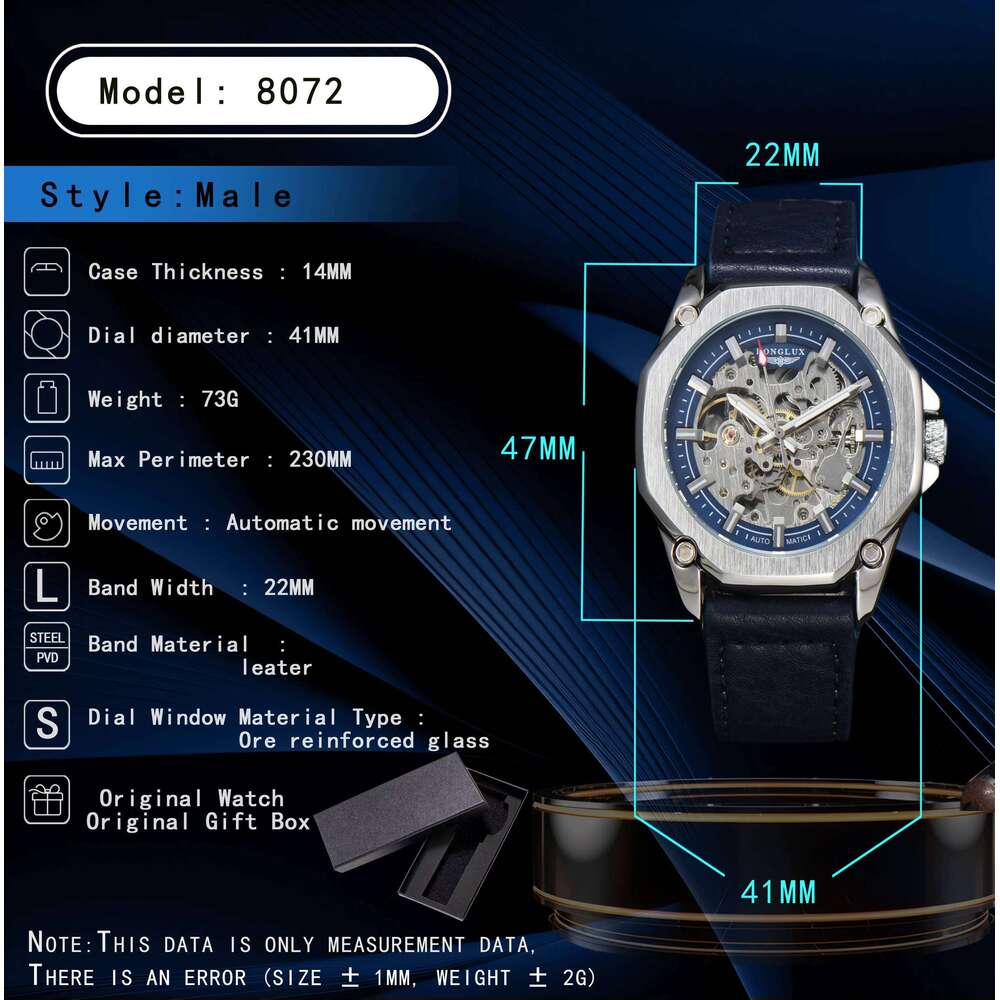 LONGLUX automatic sport style wholesale mechanical wristwatches fashion hollow leather mens watch men gift