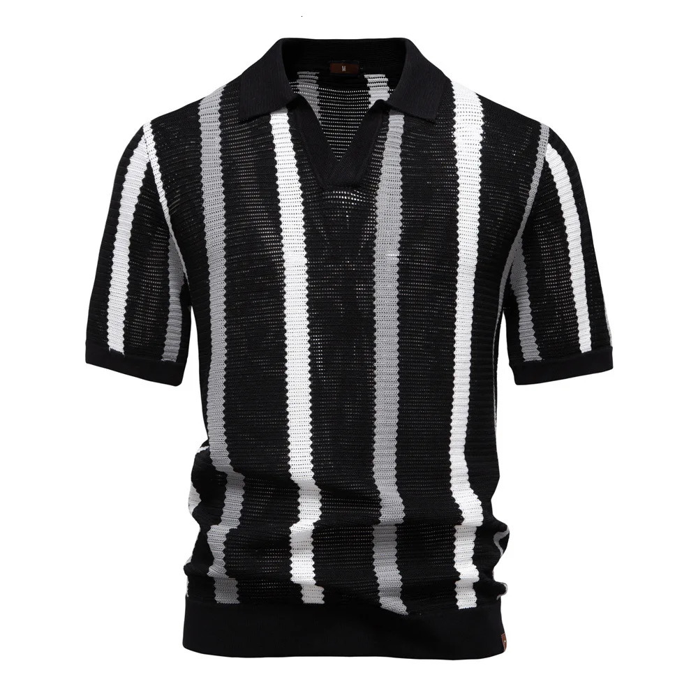 summer mens short-sleeved striped knitted POLO shirt with hollow-out and breathable mesh fabric 260311