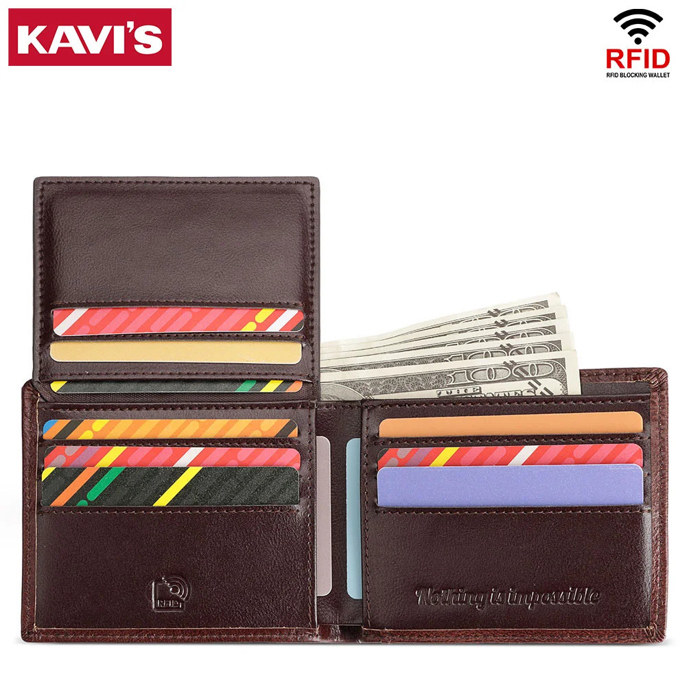 KAVIS Handmade Mens Wallet Genuine Leather RFID Card Holder with ID Window Large Capacity Male Storage Money Bag Fashion 260304