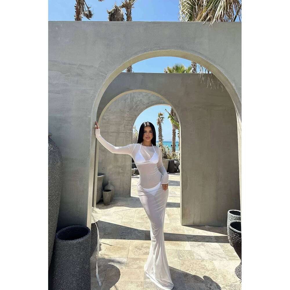 Women's Sexy Floor-Length Solid See Through Long Sleeve Maxi Dresses 2025 Fashion Beach Swimsuit Cover C260312