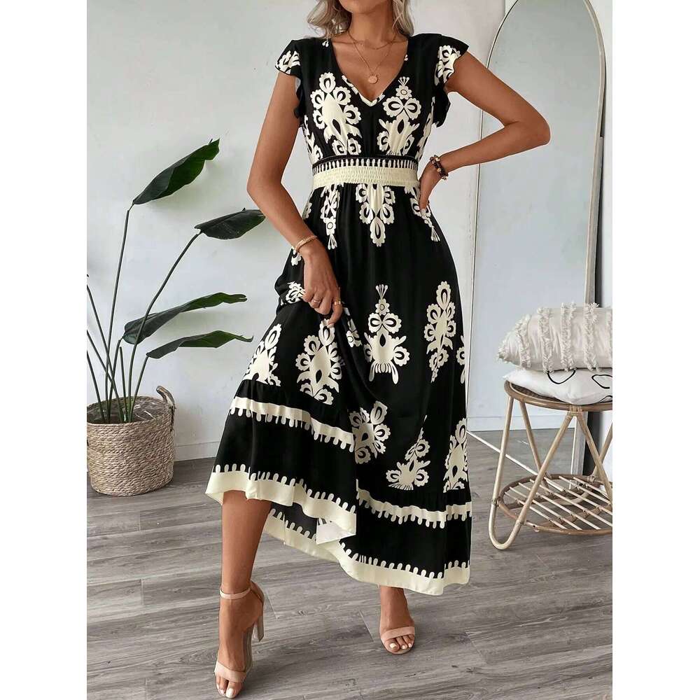 Women's V Neck Ruffle Hem A-Line Dress, Elegant All over Print, Elastic Waist, Moderate Fabric, Casual Vacation Wear C260312