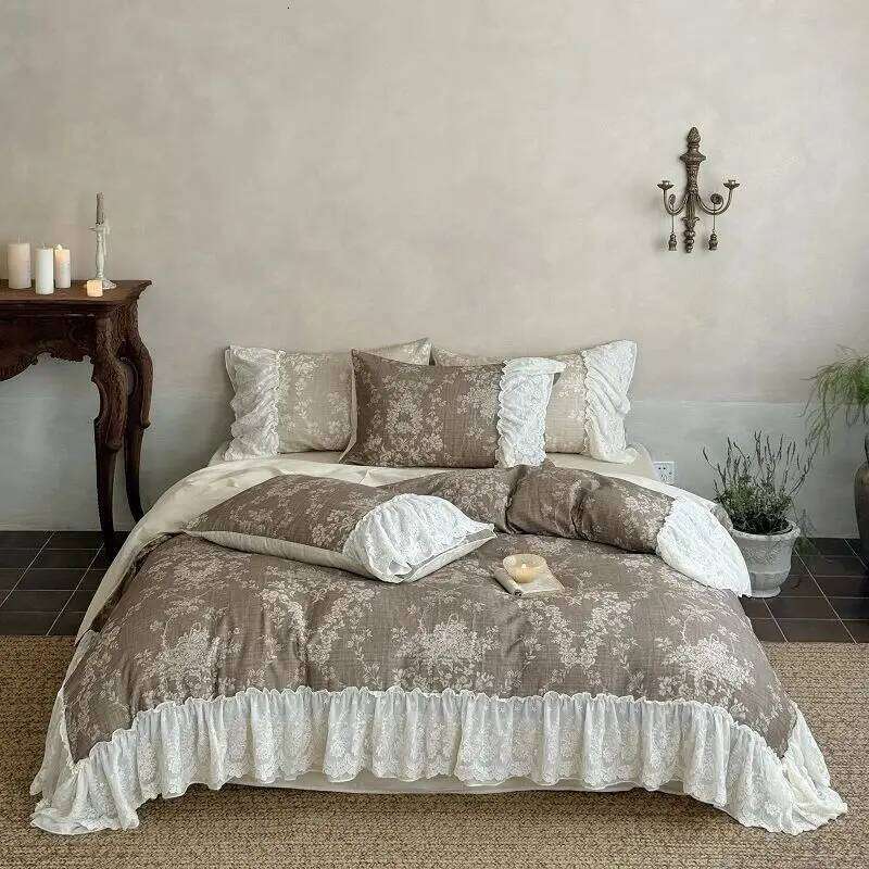 4Pcs Vintage French Floral Printing Lace Ruffles Bedding Set 100% Cotton Duvet Cover Flat/Fitted Sheet Pillowcases Home Textile H260312