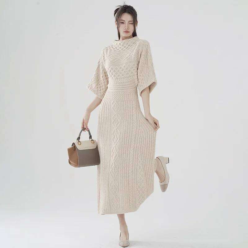 Women's Sleeve Knit Sweater Dress, Warm Slim Pullovers, Long Sleeve, O-neck, Casual Ankle-Length, Autumn, Fashion C260312