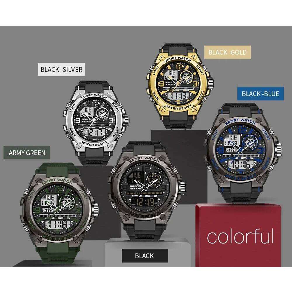 SANDA 6024 Sport Quartz Watch for Men LED Dual Display Electronic Digital Mens Wristwatches Waterproof Military Shockproof Clock