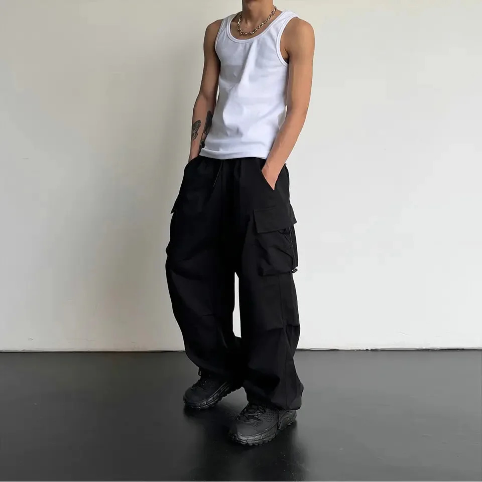 American Style Casual Pants Cargo Trousers High Street Drawstring Workwear Trendy Loose Versatile Straight Wide-Leg Casual Pants 260311