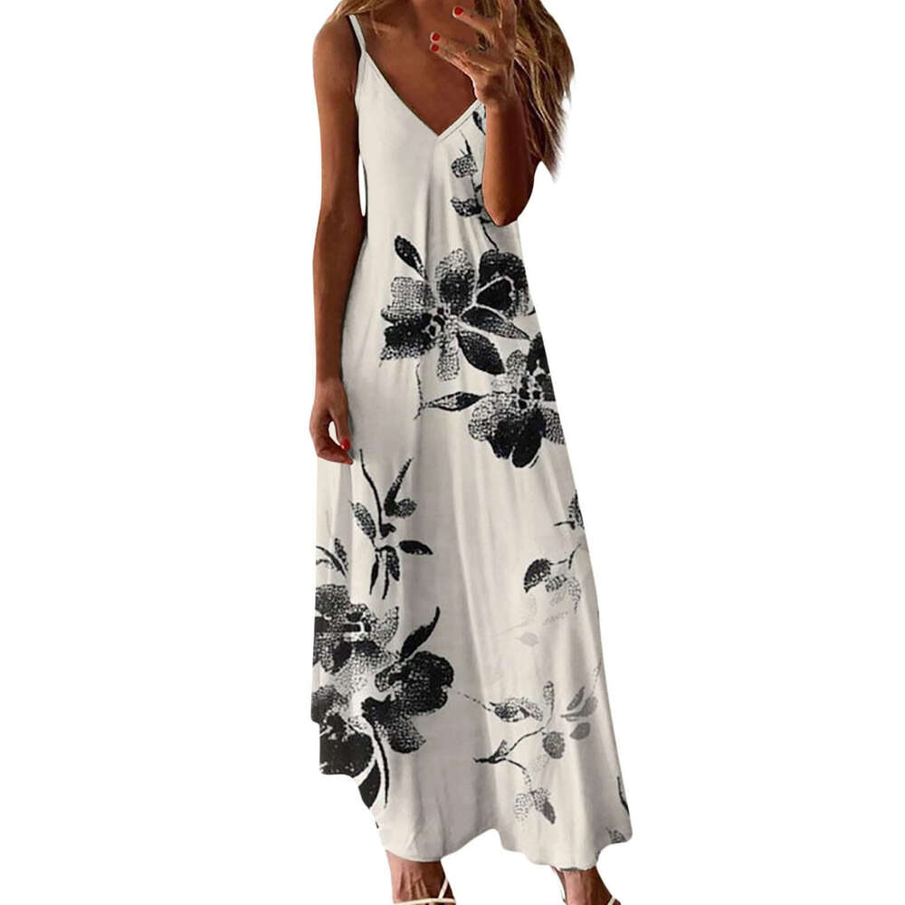 Cross-border European and American 3D digital print ocean-themed floral feather high-end women's pullover V-neck strap dress