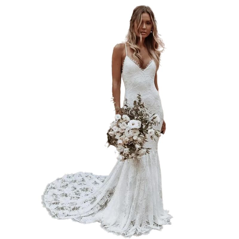 Sexy Backless Lace Mermaid Wedding Dresses For Summer Garden Bohemian Country Weddings Bride V-Neck Appliques Boho Beach Bridal Gowns M12