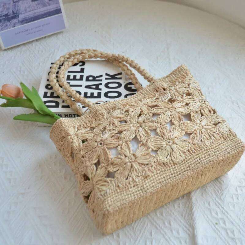 Bohemian Flower Straw Tote Hollow Floral Beach Bags For Women Handbag Handmade Woven Shoulder Bag Summer Travel Shopper NEW WONST