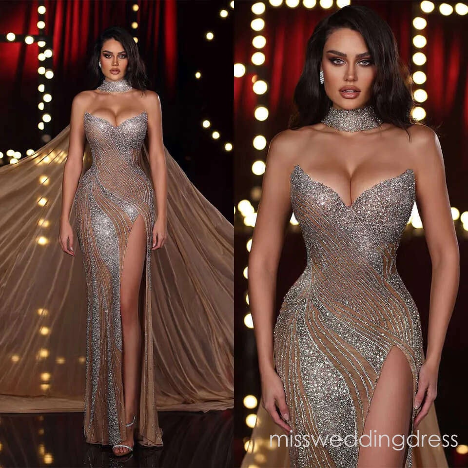 Sparkly Sequins Wedding Dresses Strapless Mermaid Beading Bridal Gowns with Cape Side Split Customized Princess Sweep Train Bride Dress Vestidos De No