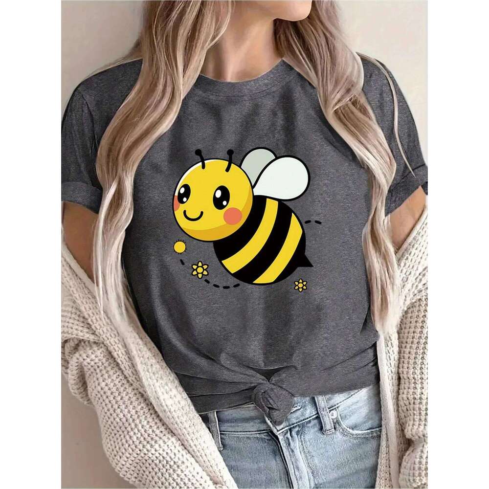 Women's Casual Short Sleeve T-Shirt Cute Cartoon Bee & Floral Print Breathable Round Neck Tee for Spring/Summer Z260312