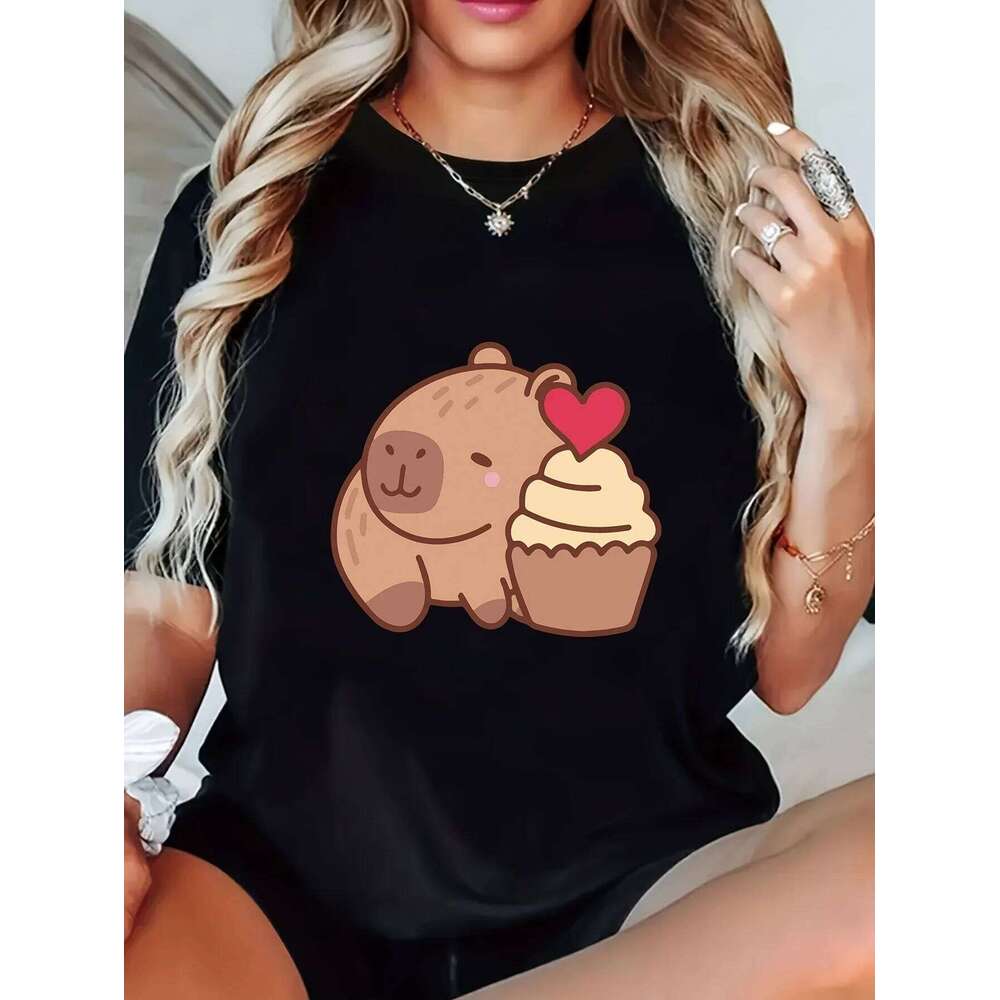 Cute Capybara Graphic Print T-shirt Girl Cartoon Unisex Tops Short Sleeve Streetwear Men Women Crew Neck Tees Female Z260312
