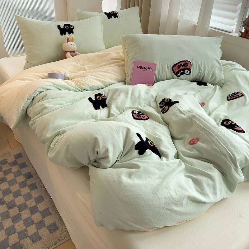 Bedding 2024 New Seasons Super Soft Washed Cotton Towel Embroidery Duvet Cover Four Piece Set - Lucky Cat Series H260312