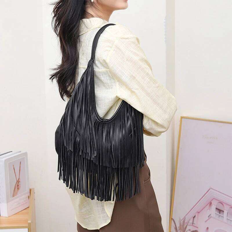 Long Women Leather Bohemian Style Tassel Shoulder Fringe Hobos Armpit Bag Large Capacity Travel Female Tote Handbag WONST